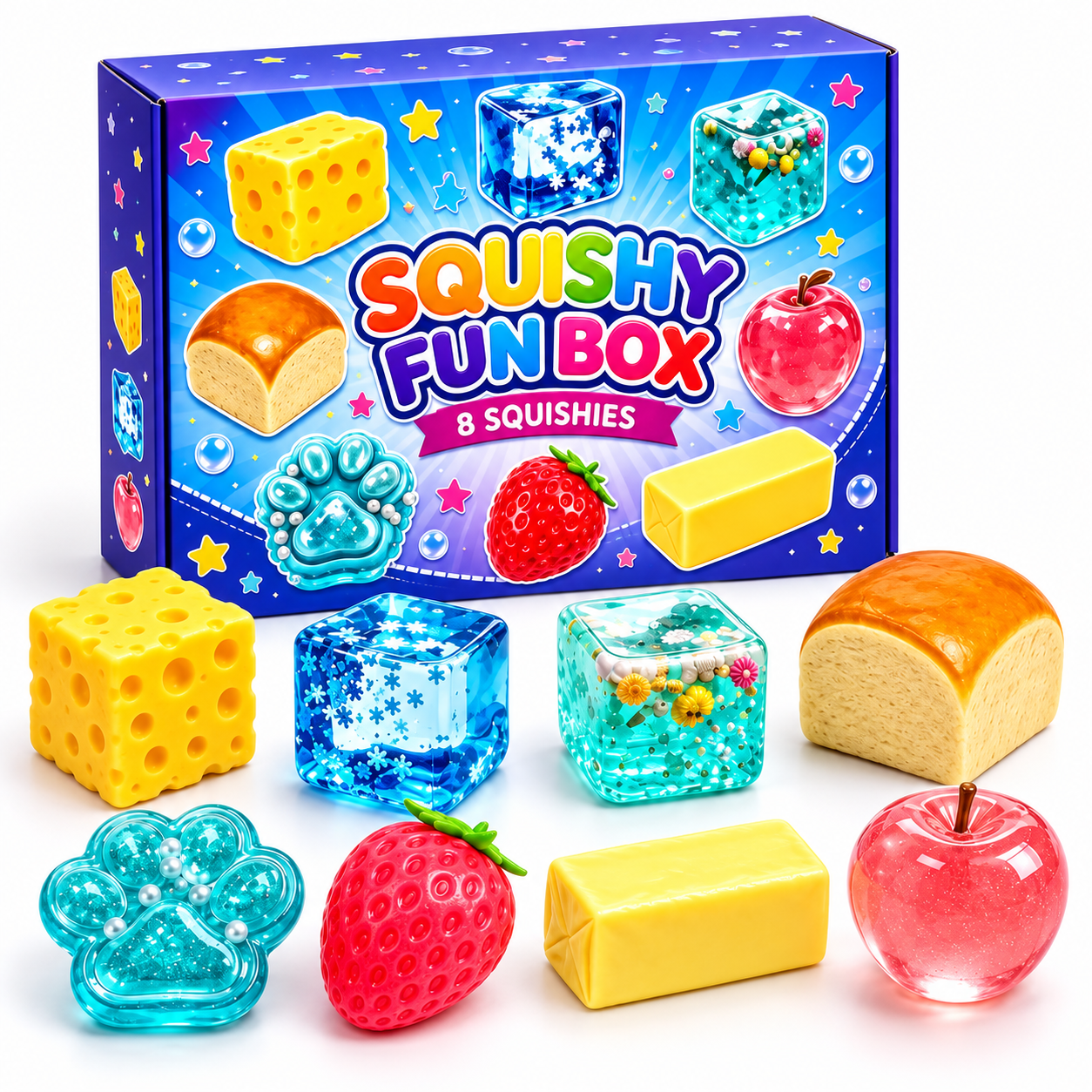 Super Caixa ilustrada com oito squishies variados